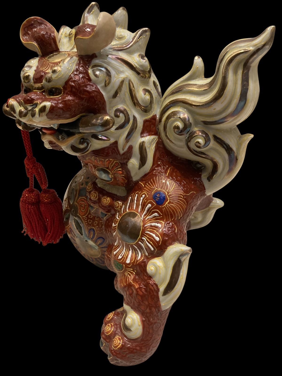 九谷焼 八栄窯 須栄義作 刀咥え 玉乗り獅子 伝統工芸品 魔除け くたに