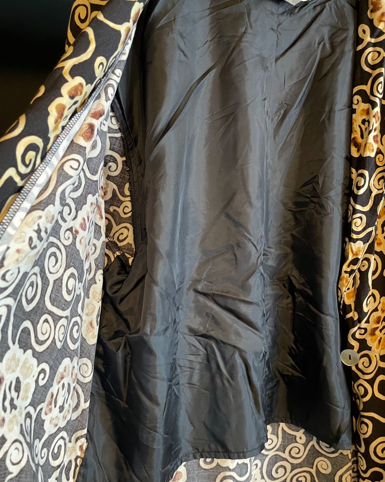 80s-90s impressions OF CALIFORNIA floral swirl lightweight rayon jacket (black × mustard × cream, XL) 8