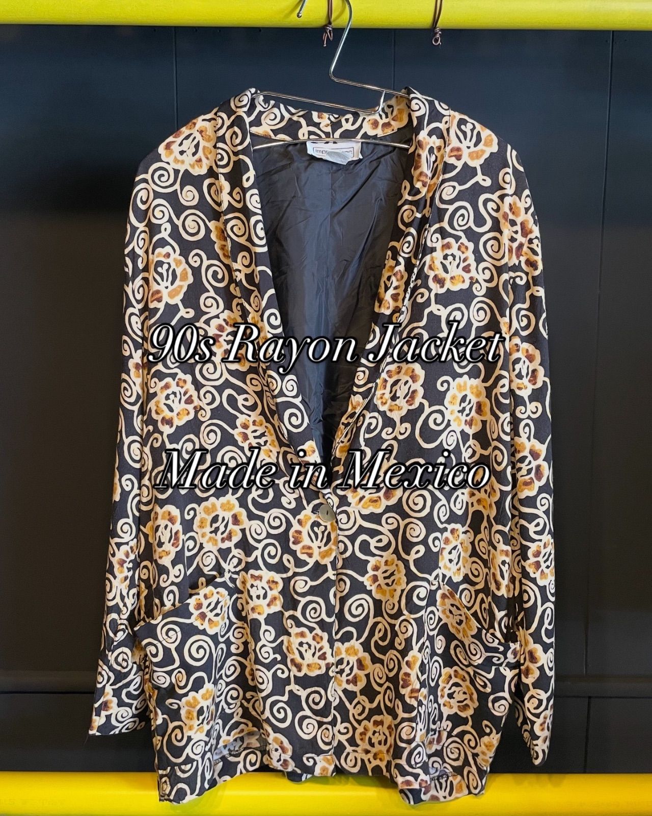 80s-90s impressions OF CALIFORNIA floral swirl lightweight rayon jacket (black × mustard × cream, XL) 1