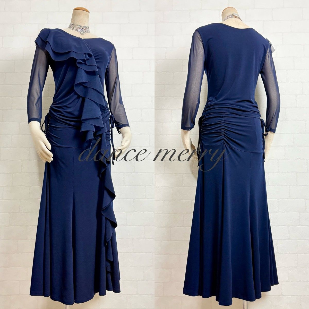 新品 社交ダンス ツーピース 紺 ネイビー フリル マーメイド