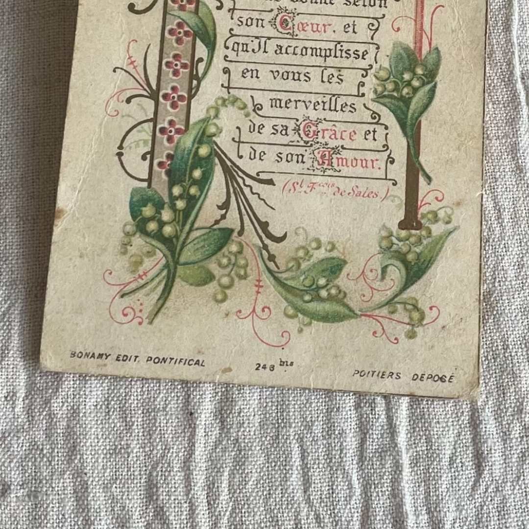 新着】フランス直輸入 アンティーク ホーリーカード 蔦模様 祈りの言葉