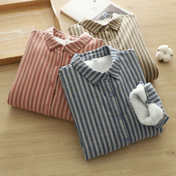 シャツ レディース トップス ブラウス 長袖 秋冬 春 秋 冬 綿 コットン ダブルガーゼ 裏起毛 裏ボア ガーゼシャツ ストライプ柄 アウター 前開き 折り襟 オフィス おしゃれ 可愛い 着回し 厚手 あったか