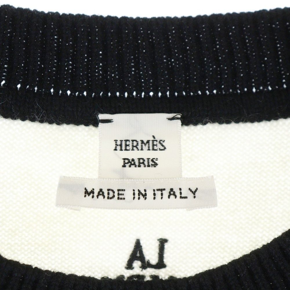 HERMES エルメス La Promenade du Matin 朝の散歩 クルーネックカシミヤ半袖ニットセーター ブラック/ホワイト 27-7706 HERMES (エルメス) La Promenade du Matin 朝の散歩 クルーネック