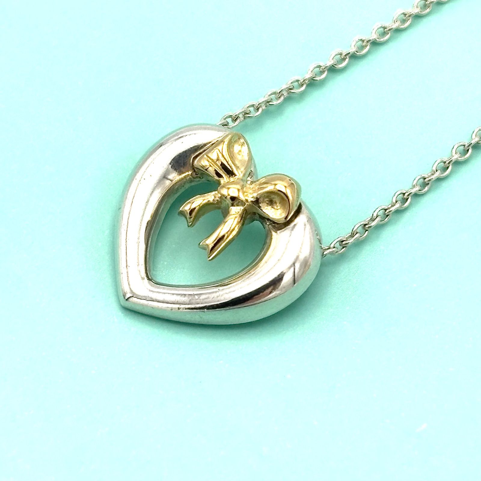 ティファニー ハート リボン 925 750 コンビ ネックレス 美品Tiffany