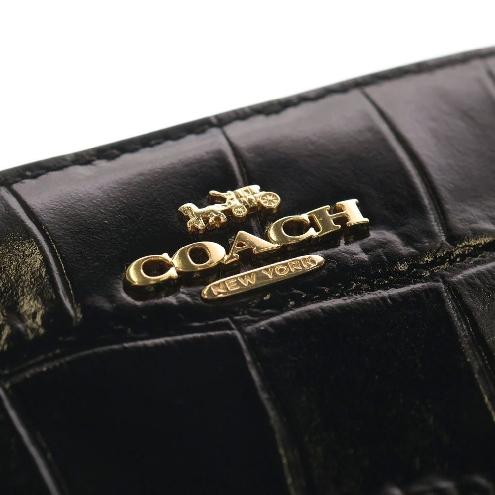 COACHミニ財布クロコ型押し ブラック コンパクト財布 レザー ゴールドロゴ COACH (コーチ) ロゴ刻印 クロコ型押し コンパクトレザーウォレット
