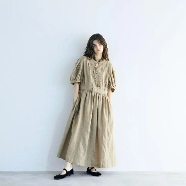 MAGALI | リネンコットンストライプ・アンティークワンピース (ベージュ) | マガリ ワンピース ドレス