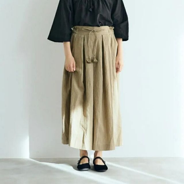 MAGALI | リネンコットンストライプ・タックワイドパンツ (ベージュ 