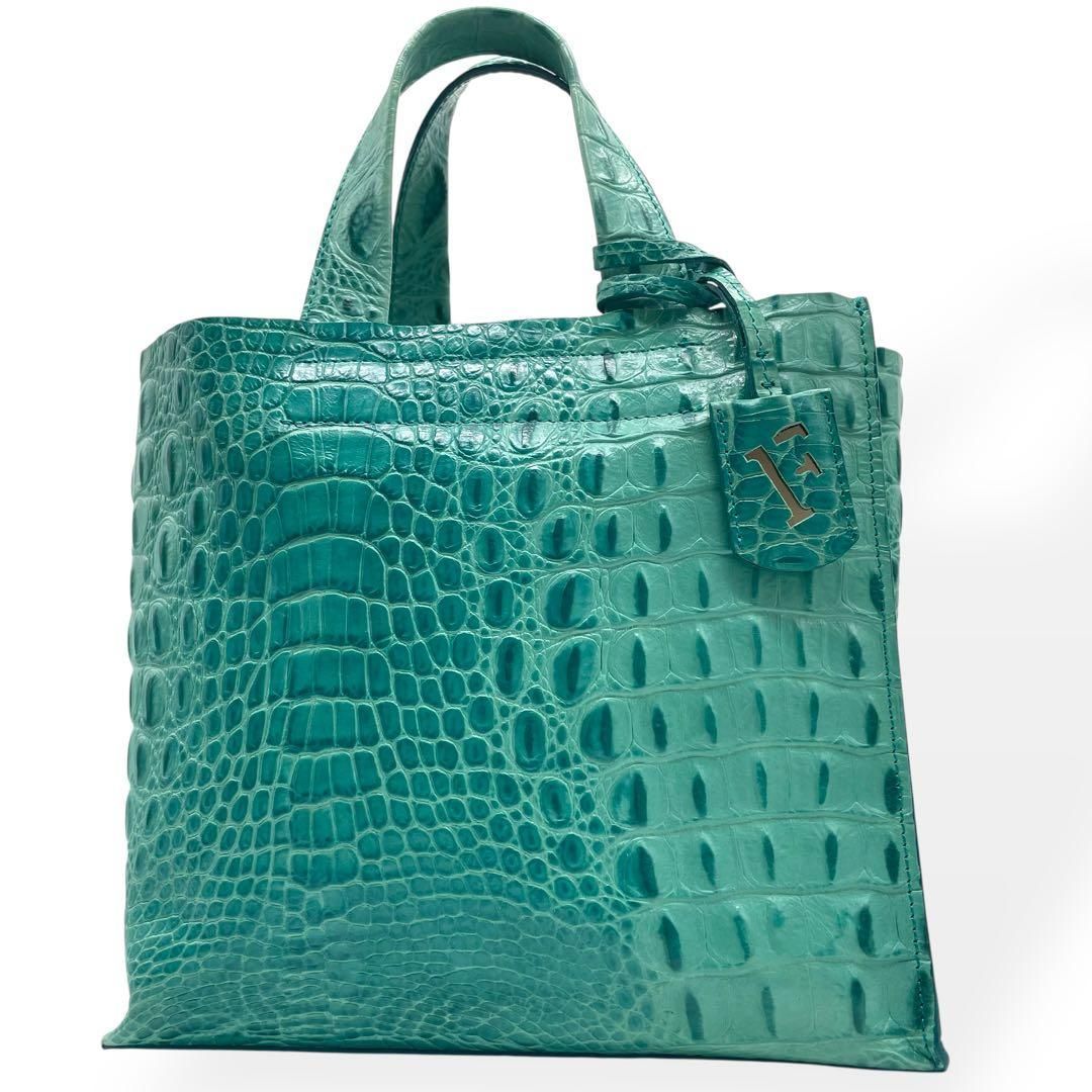 未使用級 FURLA フルラ ハンドバッグ クロコ型押 レザー ターコイズ