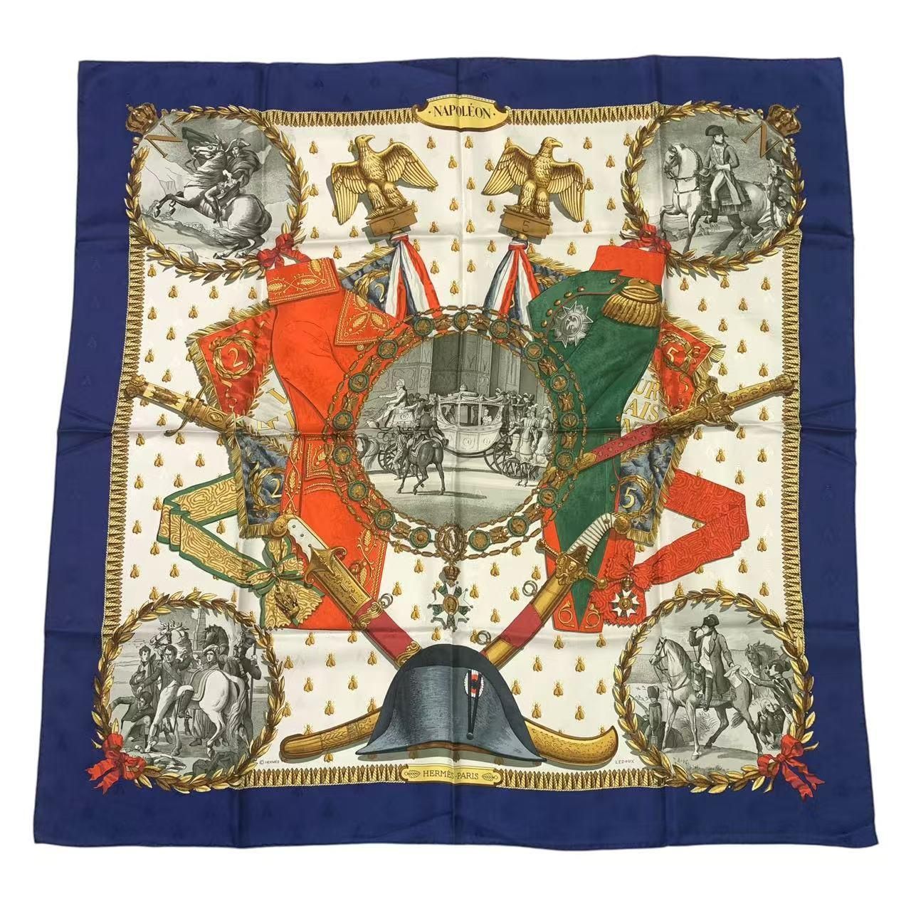 未使用 美品 HERMES カレ90 ナポレオン　シルク スカーフ ネイビー 美品 HERMES エルメス スカーフ カレ90 シルク100％ NAPOLEON HERMES