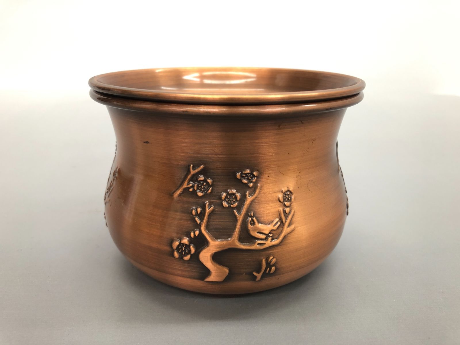 Epoch 純銅製 コッパー 茶こぼし 茶筒 2点セット 梅に鶯 浮彫 レリーフ