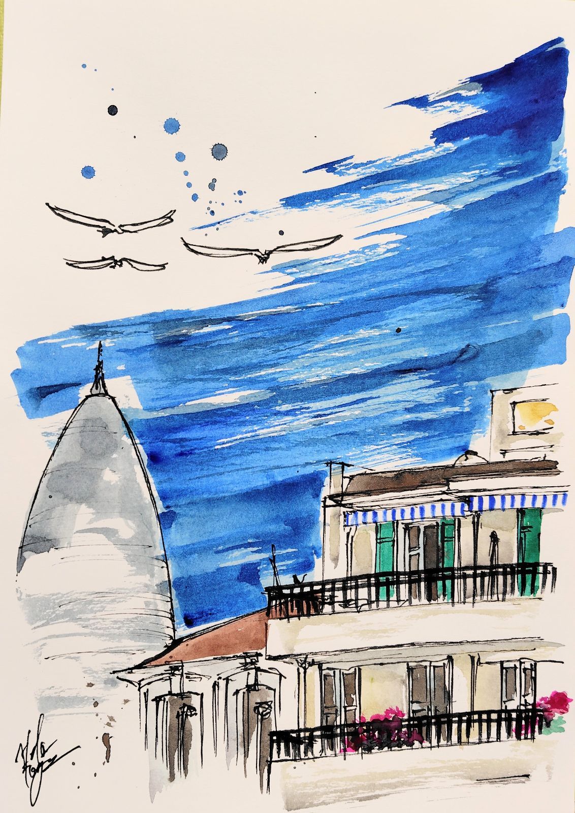 原画#388 黒猫 猫 鳥 ニース フランス 水彩画 ドローイング 風景画