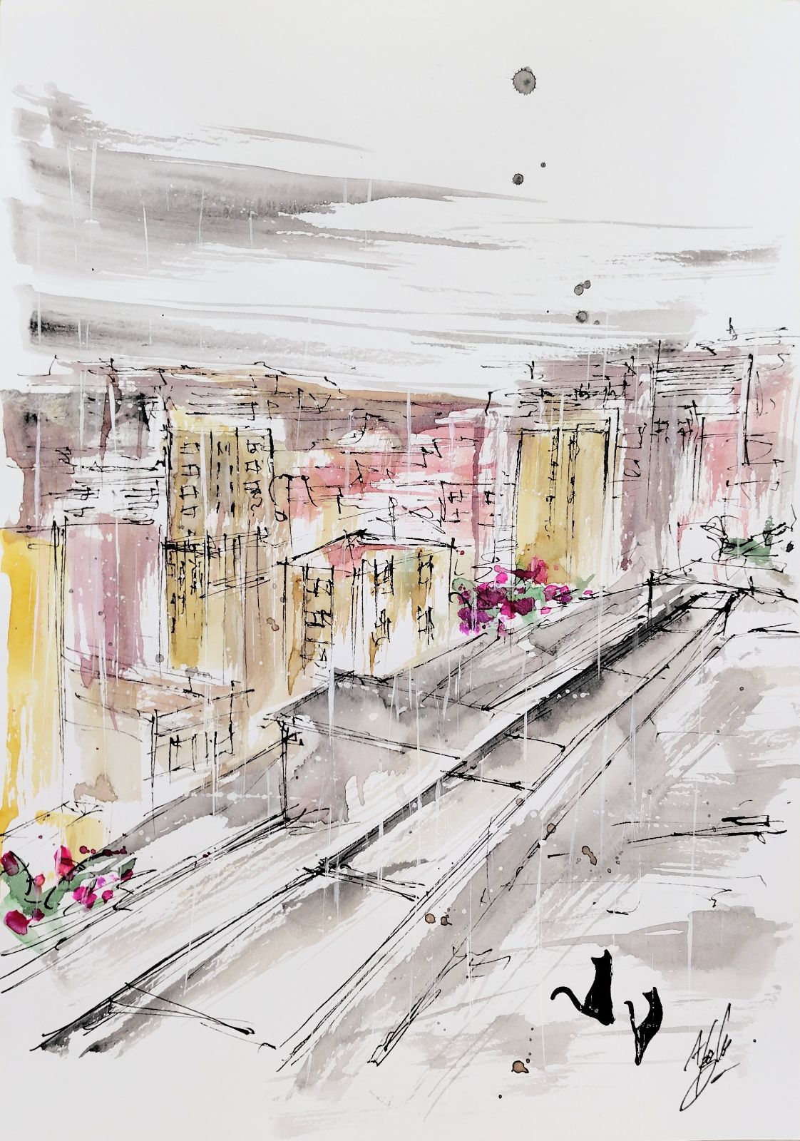 原画#389 黒猫 猫 雨 モナコ 水彩画 ドローイング ヨーロッパ