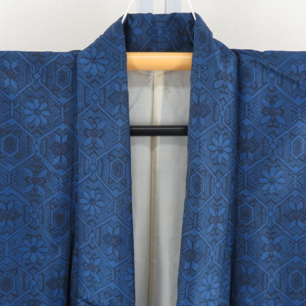 紬 着物 アンサンブル 着物と羽織2点セット 袷 黒色x青色 幾何学模様