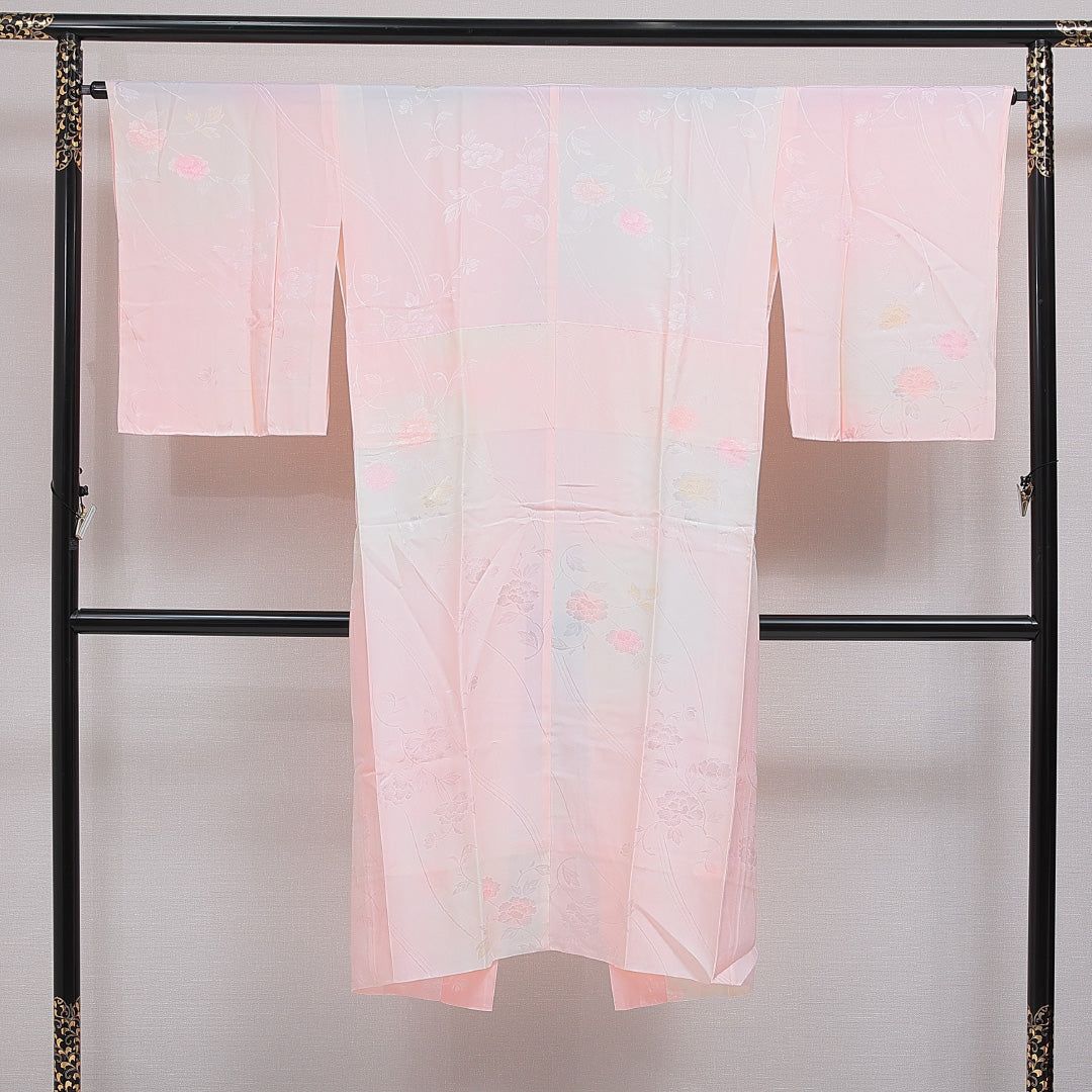 長襦袢 無双袖 身丈130cm 裄丈64cm 正絹 Sランク Lサイズ 牡丹 ピンク