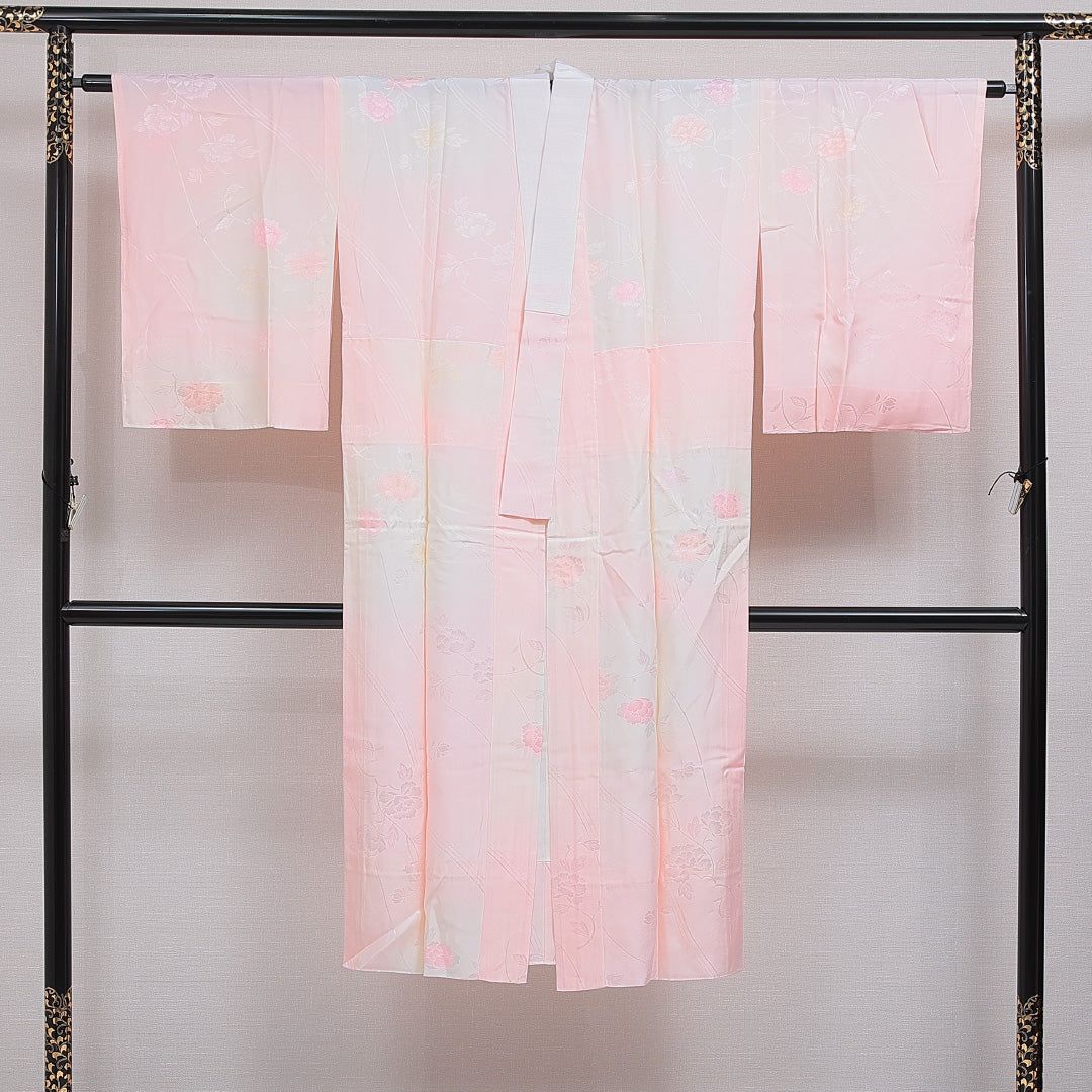 長襦袢 無双袖 身丈130cm 裄丈64cm 正絹 Sランク Lサイズ 牡丹 ピンク