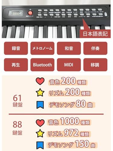 Yumcute 電子ピアノ 88鍵盤 折りたたみ スタンド付 2つ折り電子