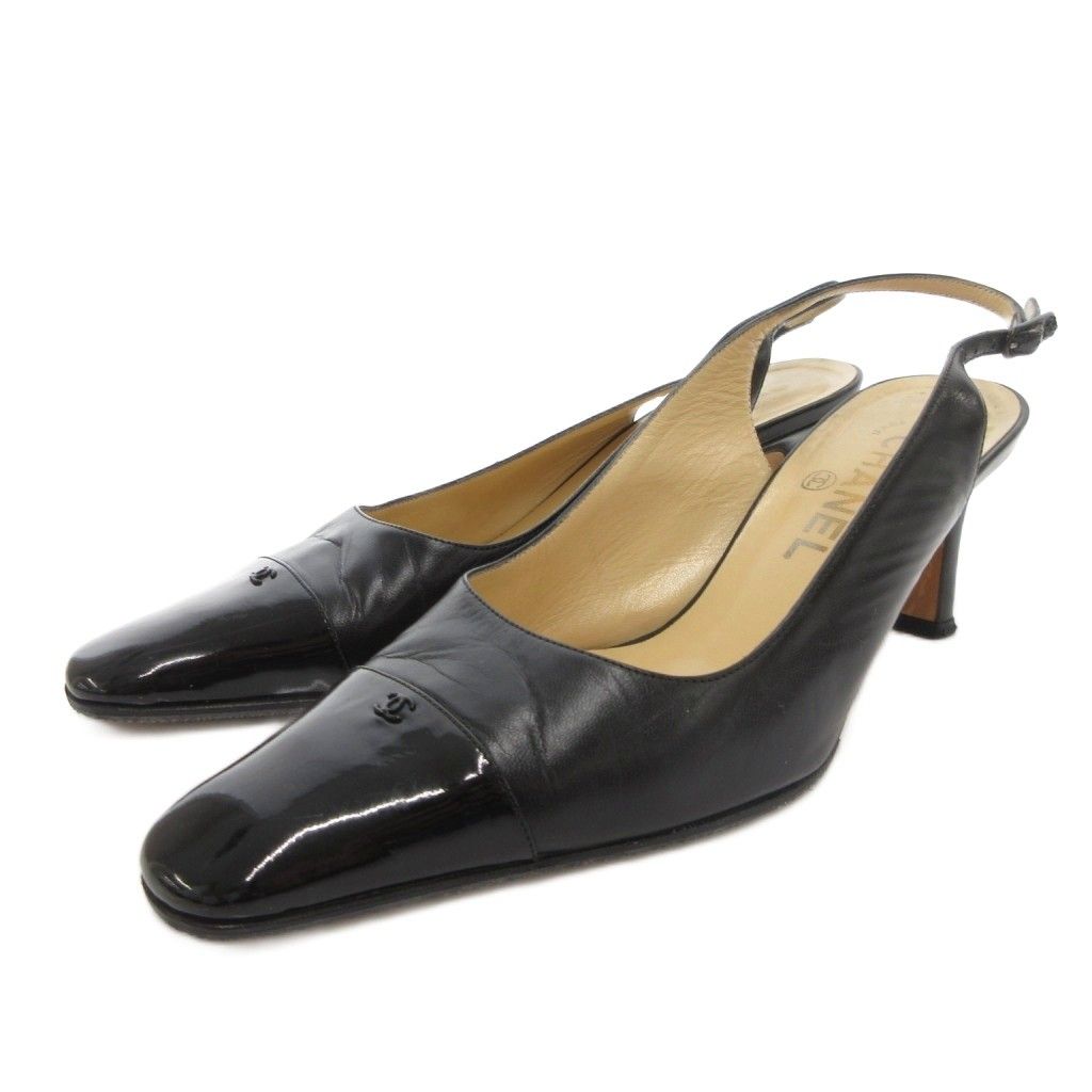 シャネル CHANEL パンプス ココマーク スクエアトゥ ストラップ レザー