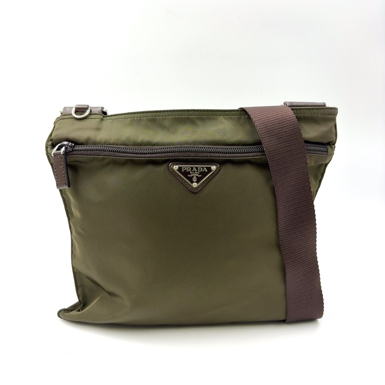 PRADA 三角ロゴプレート 鑑定書付き レザー×キャンバス カーキグリーン