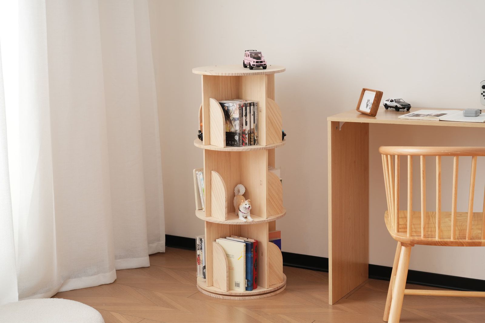 3段-回転盤タイプ】無垢材 回転式本棚 飾り棚 絵本棚 360°回転本棚