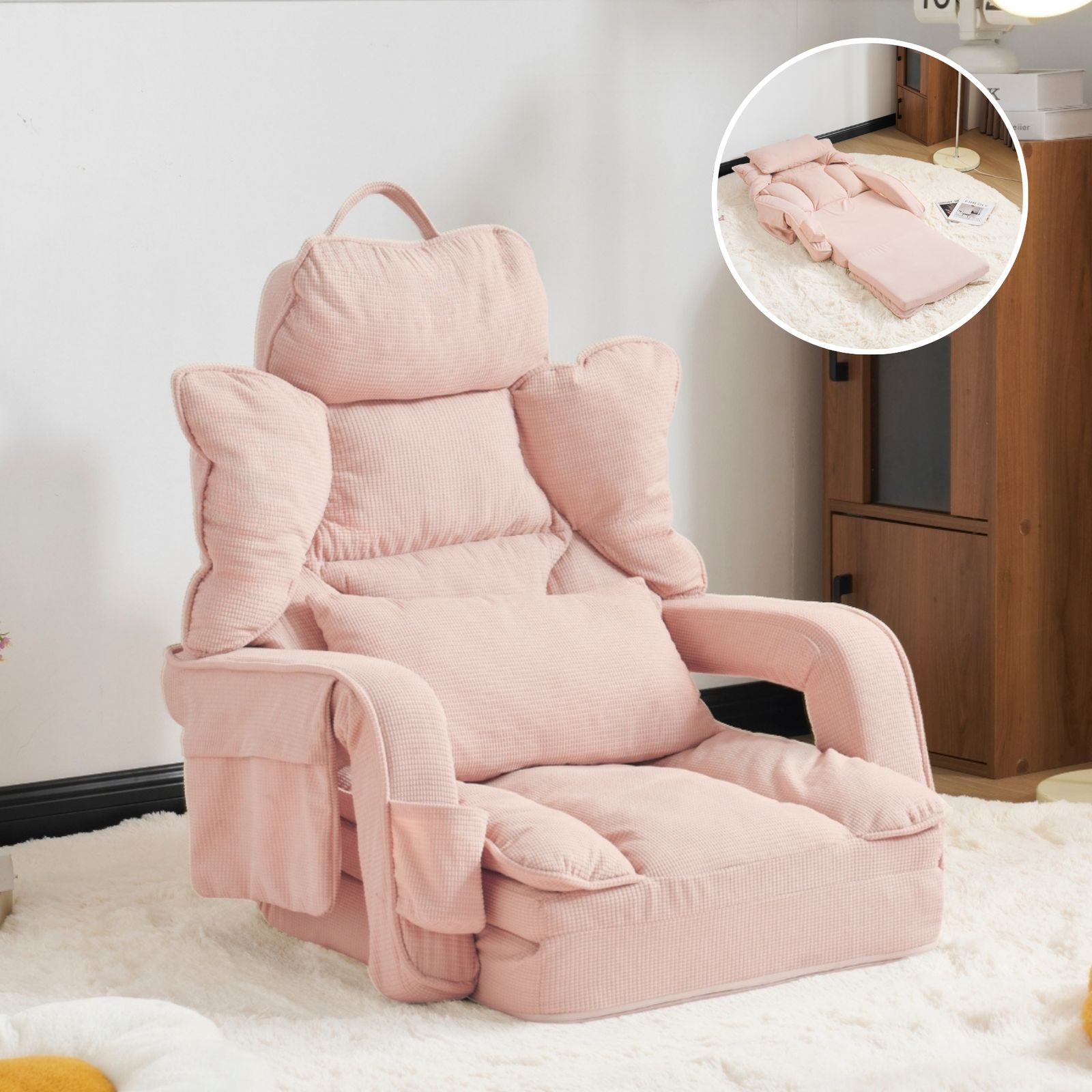 座椅子 ソファー ソファーベッド 可愛らしいデザイン 90°~180°角度調節 42段調整 2WAY 1人掛け シンプル 折りたたみ フロアソファー 寝る 座る 可愛い外観 実用性 コンパクト ふわふわ 一人暮らし 幅最大165㎝