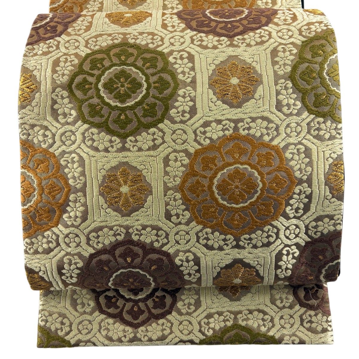 袋帯 逸品 河合美術織物 落款 華文 蜀江文 金糸 唐織 ベージュ 六通