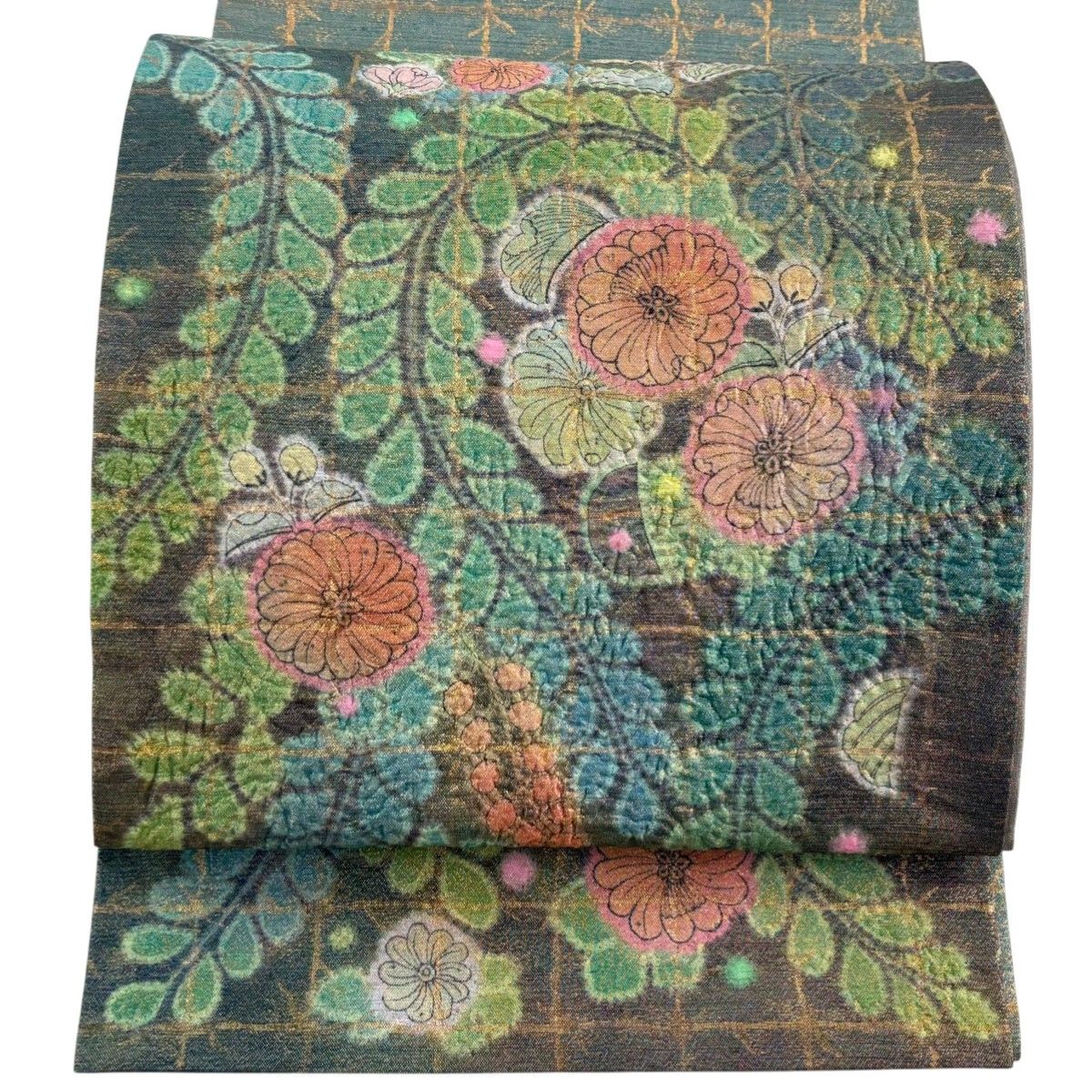 美品】 袋帯 名品 紬地 辻が花柄 格子 箔 絞り 緑 お太鼓柄 正絹