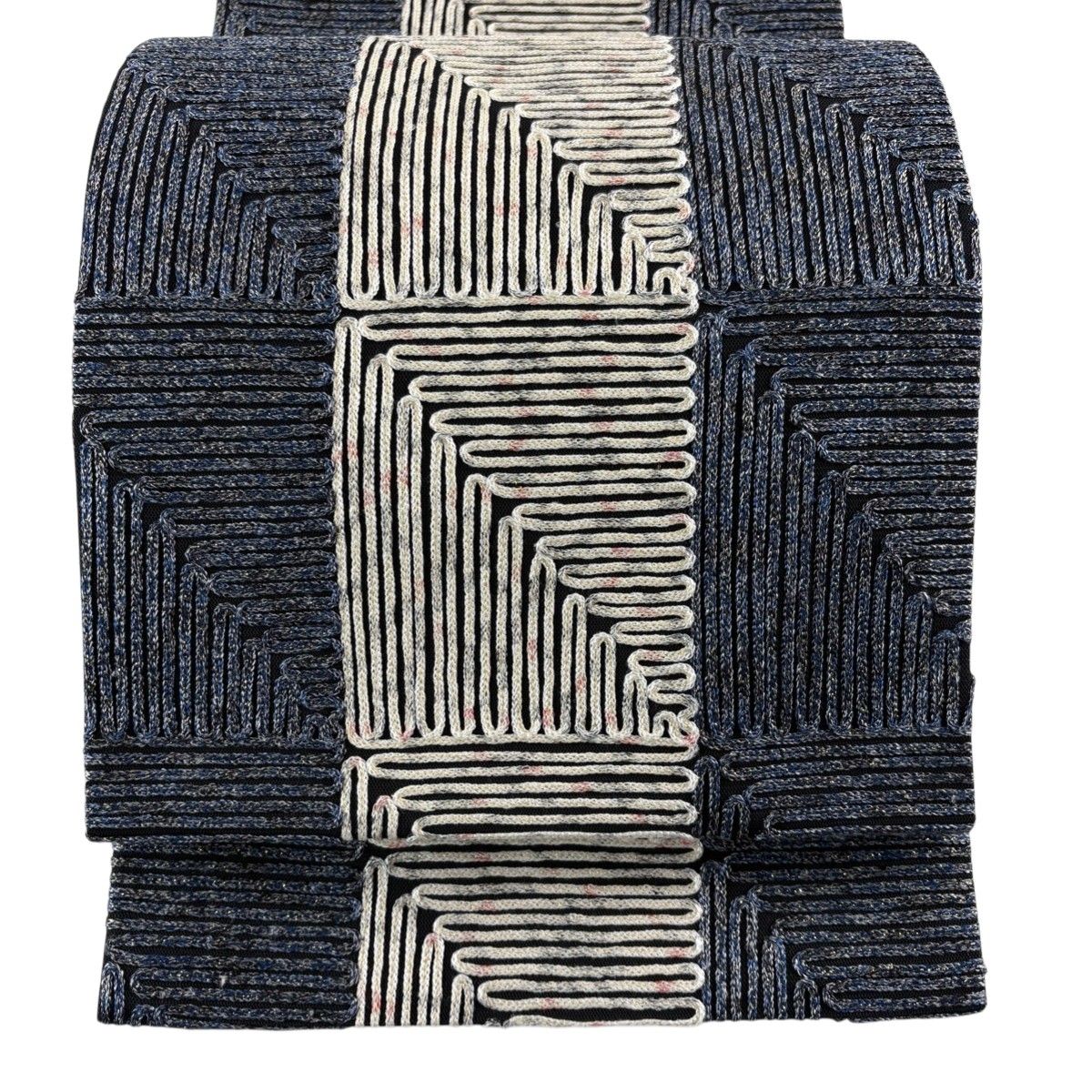 美品】 袋帯 名品 無月 落款 幾何学 箔 藍色 全通 正絹 【中古