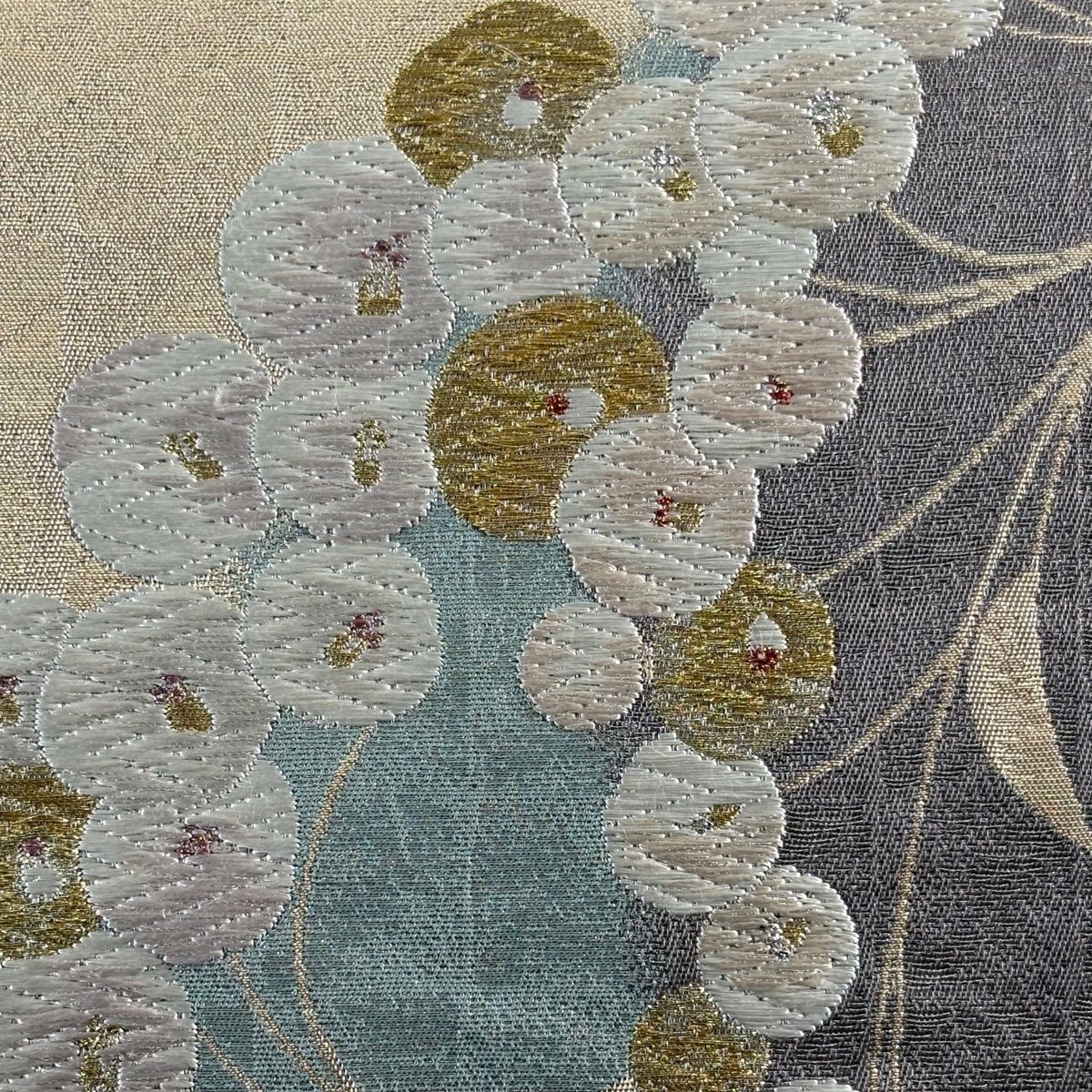 袋帯 名品 四季彩 春夏秋冬 草 唐織 金銀糸 金色 六通 正絹 【中古