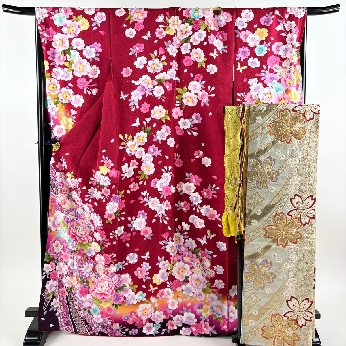 美品】 振袖 身丈170.5cm 裄丈70cm L 袷 袋帯フルセット やまと 牡丹