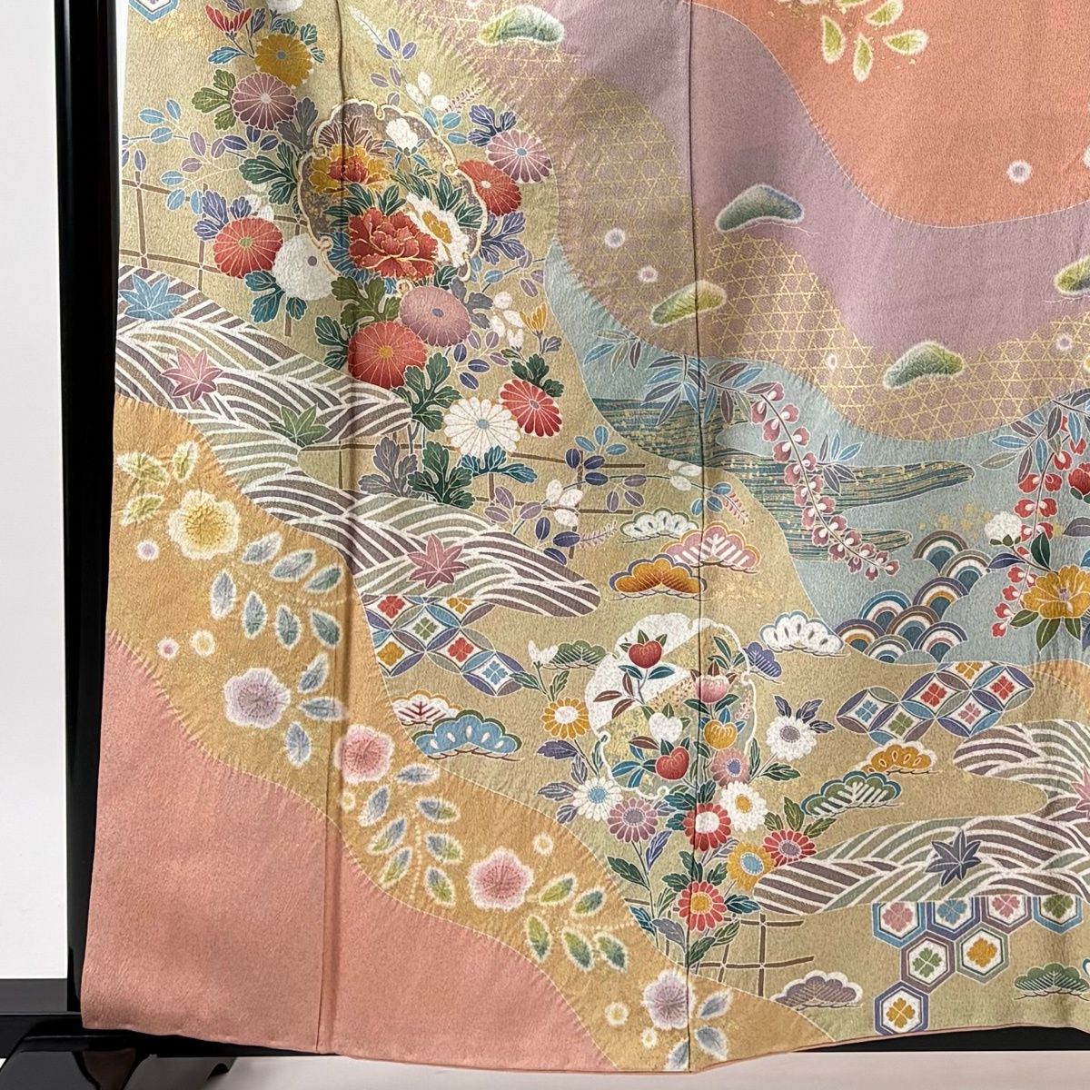 美品】 訪問着 身丈161cm 裄丈66cm M 袷 雪輪 菊 金糸 金彩 ピンク