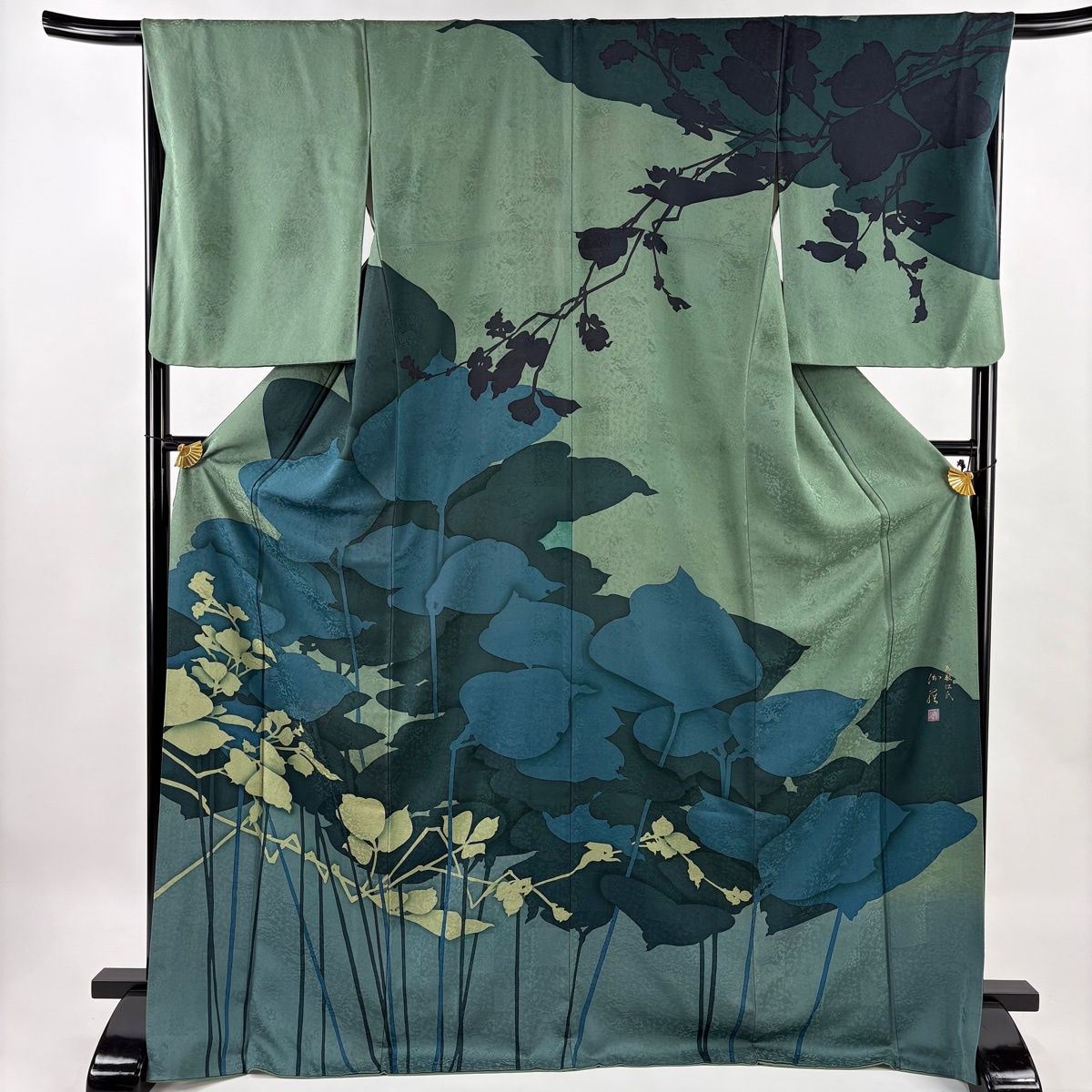 訪問着 身丈172.5cm 裄丈68cm L 袷 丹下雄介 落款 草花 地紋 染め分け