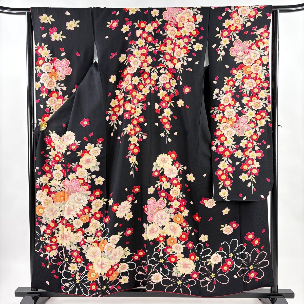 振袖 身丈160cm 裄丈66cm M 袷 菊 霞 染め分け 縮緬 朱色 正絹 名品 