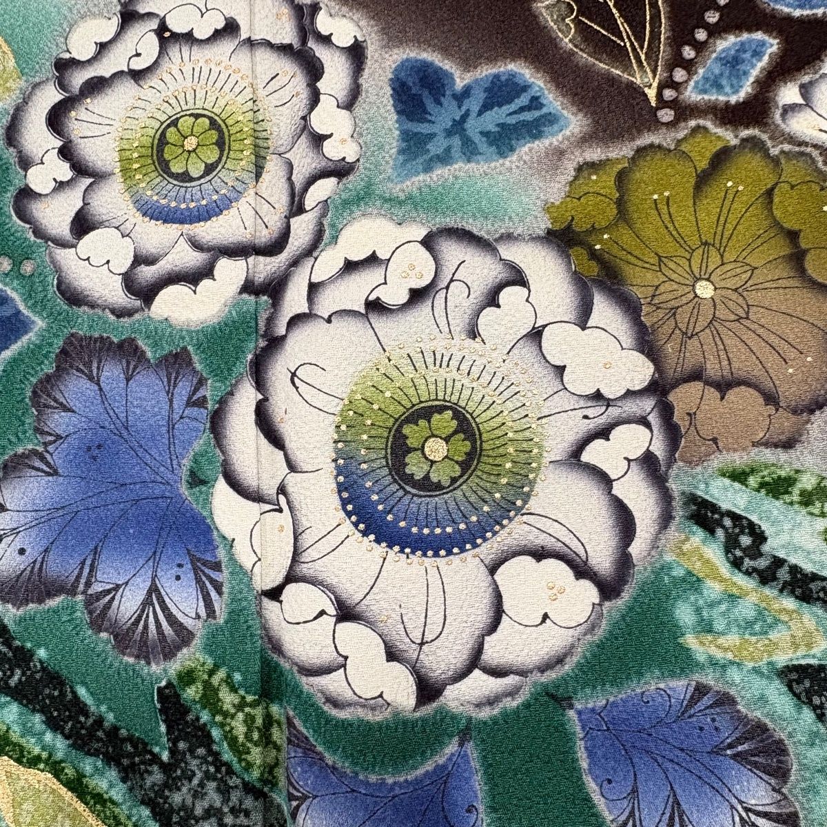 美品】 振袖 身丈161.5cm 裄丈66.5cm M 袷 草花 霞 金彩 ぼかし 墨色