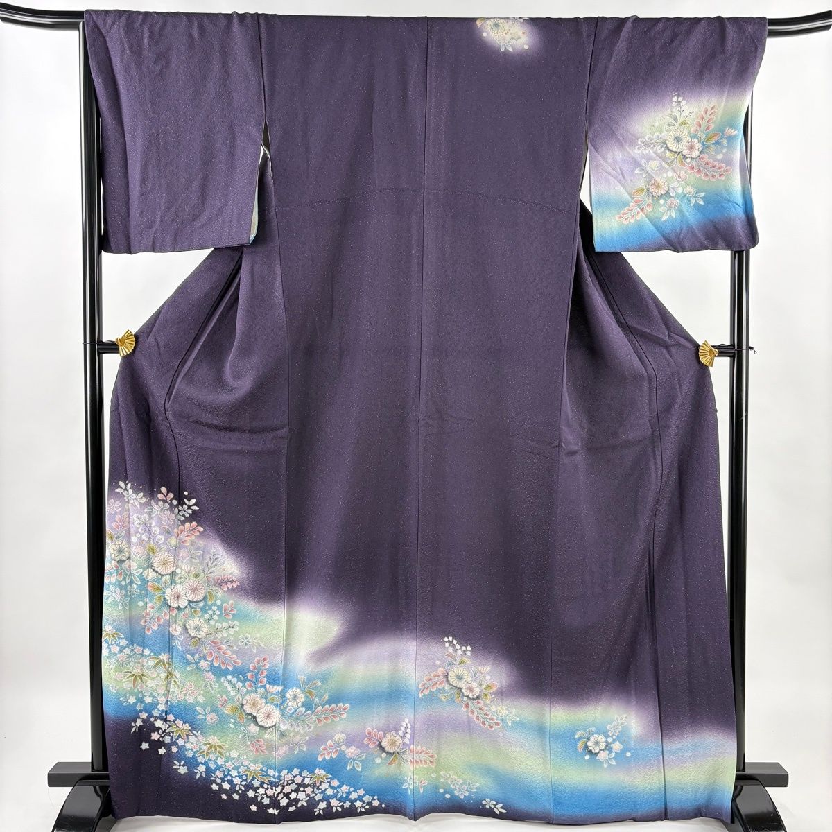 訪問着 身丈165cm 裄丈69cm L 袷 辻が花 ヱ霞 銀通し 金彩 濃紫 正絹