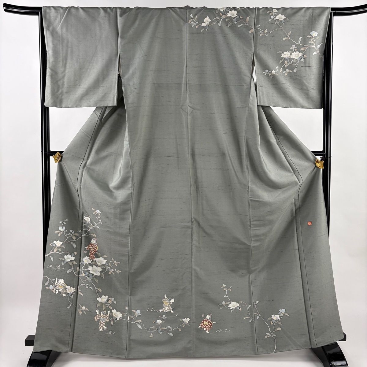 訪問着 身丈166.5cm 裄丈65.5cm M 袷 紬地 落款 椿 童 灰緑 正絹 名品 