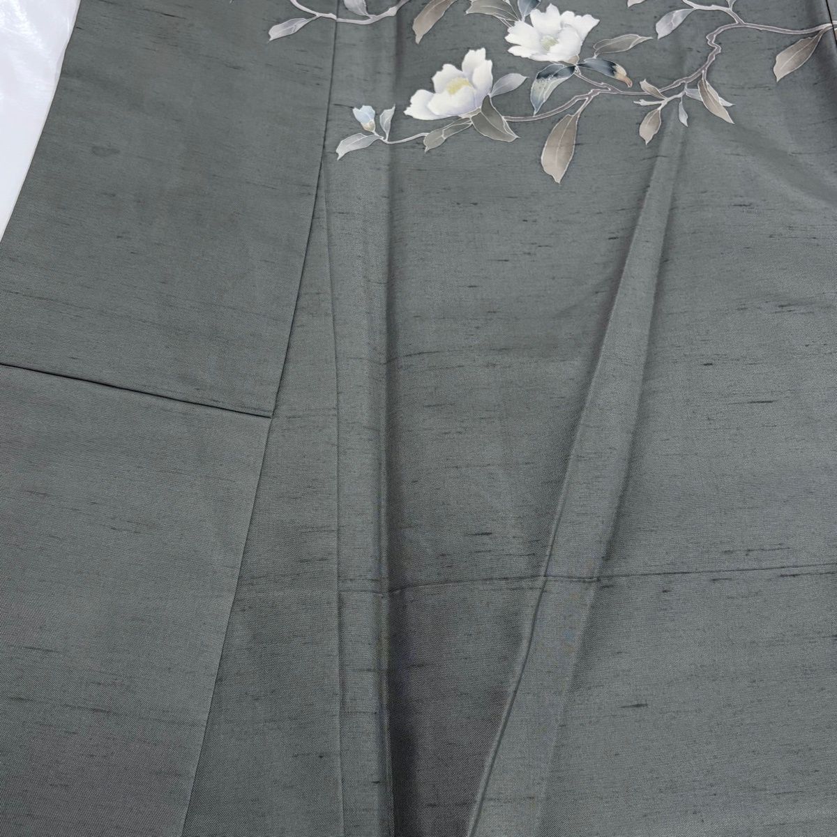 訪問着 身丈166.5cm 裄丈65.5cm M 袷 紬地 落款 椿 童 灰緑 正絹 名品 