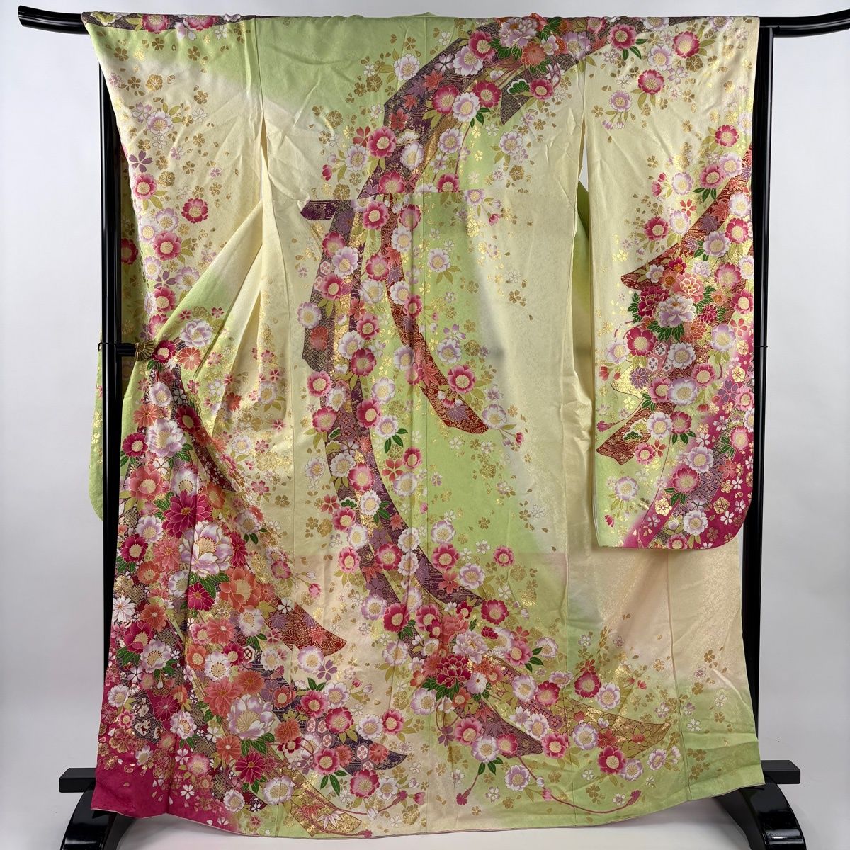 振袖 身丈168cm 裄丈67.5cm L 袷 草花 熨斗 金彩 薄緑 正絹 名品