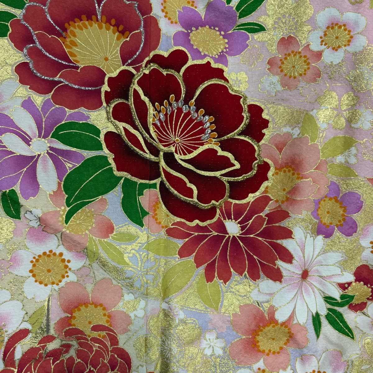 振袖 身丈168.5cm 裄丈68cm L 袷 草花 銀通し 箔 薄ピンク 正絹 名品