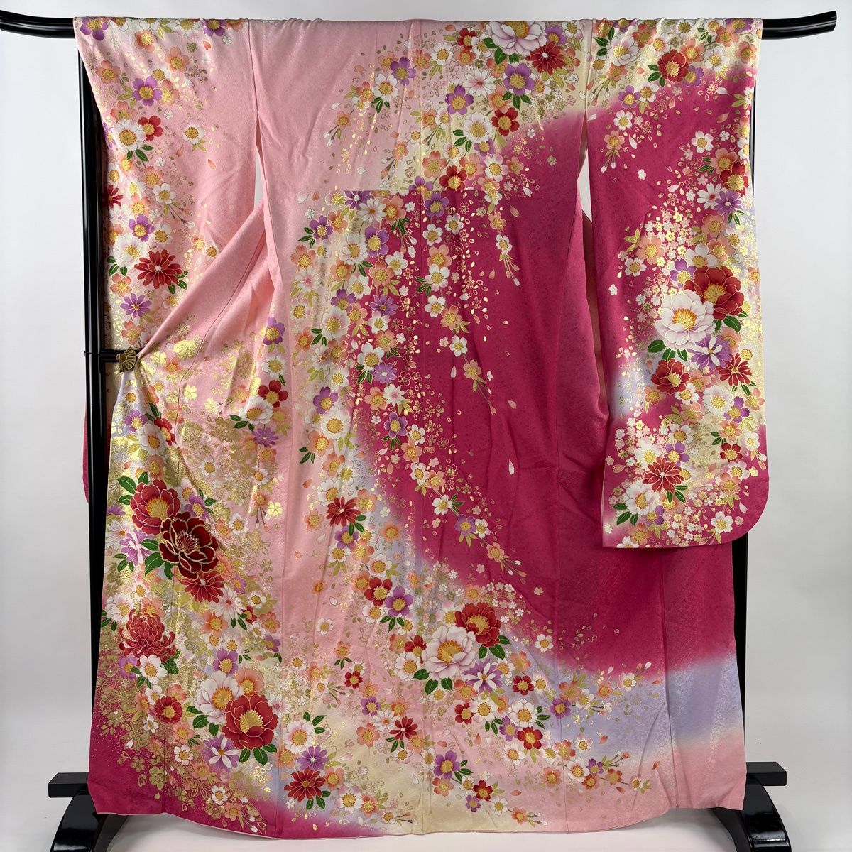 振袖 身丈168.5cm 裄丈68cm L 袷 草花 銀通し 箔 薄ピンク 正絹 名品