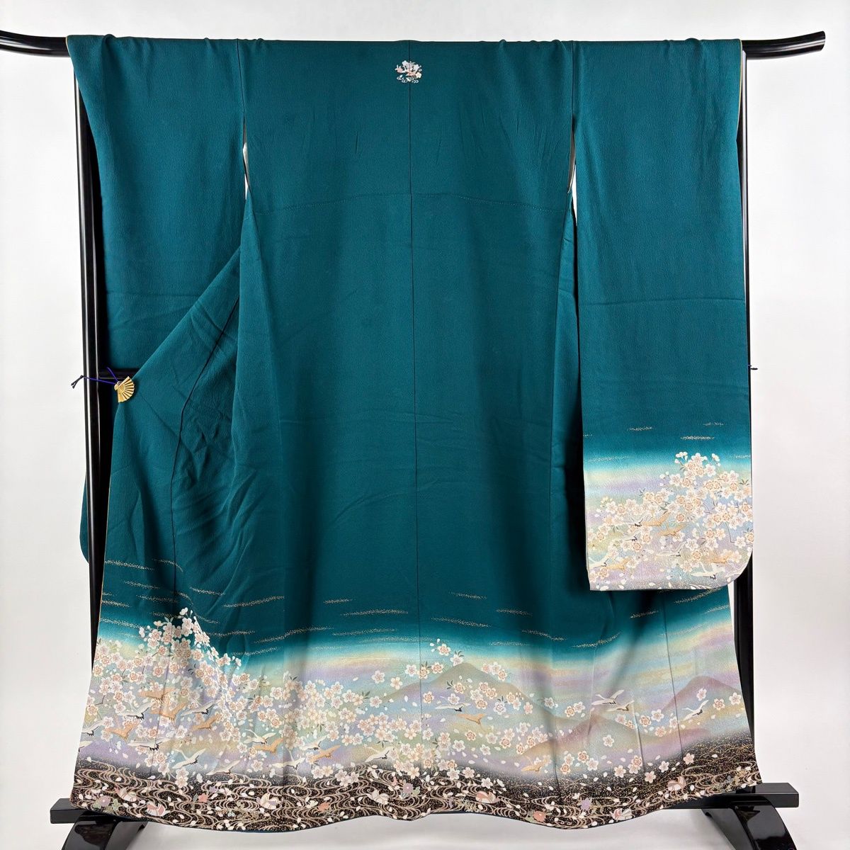 振袖 身丈159cm 裄丈68.5cm L 袷 鈴乃屋 鶴 桜 金彩 ぼかし 深緑 正絹