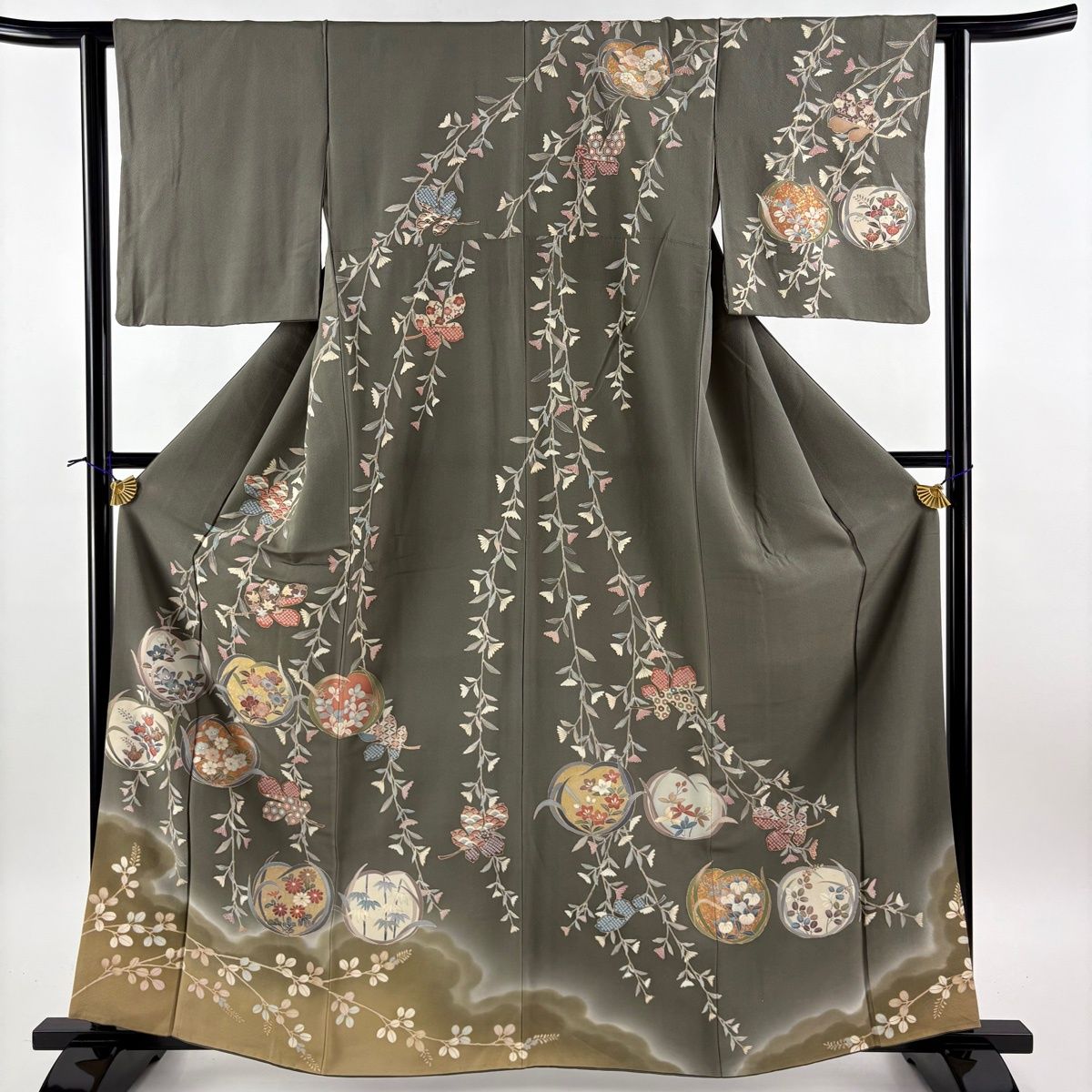 訪問着 身丈162cm 裄丈62cm S 袷 草花 雲文 金彩 ぼかし 茶緑色 正絹