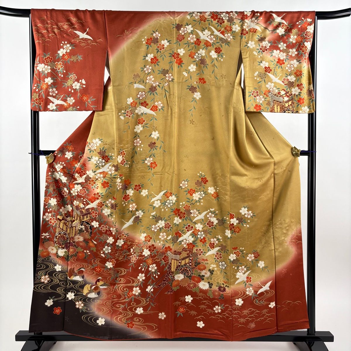 訪問着 身丈158.5cm 裄丈66cm M 袷 御所車 花鳥 金糸 金彩 赤茶 正絹