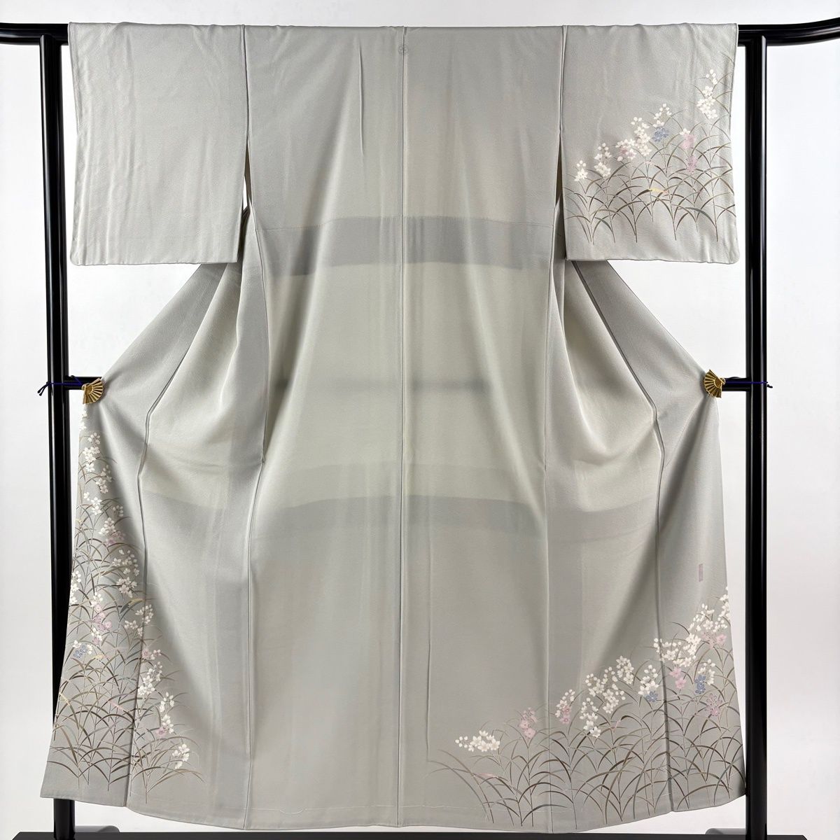 美品】 付下げ 身丈154cm 裄丈62cm S 袷 落款 草花 灰緑 正絹 秀品 一