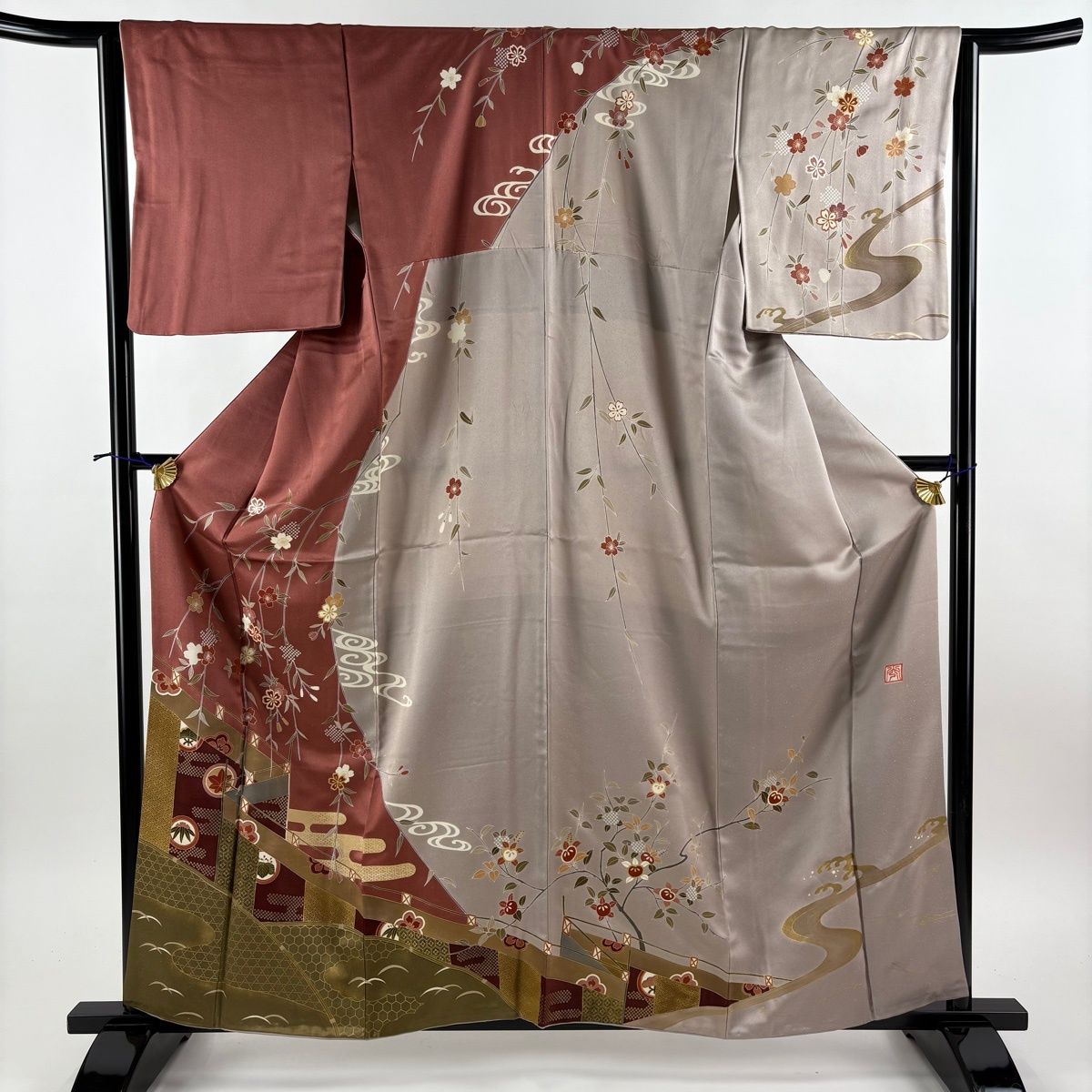 訪問着 身丈160.5cm 裄丈65cm M 袷 落款 枝垂れ桜 万幕 金彩 染め分け