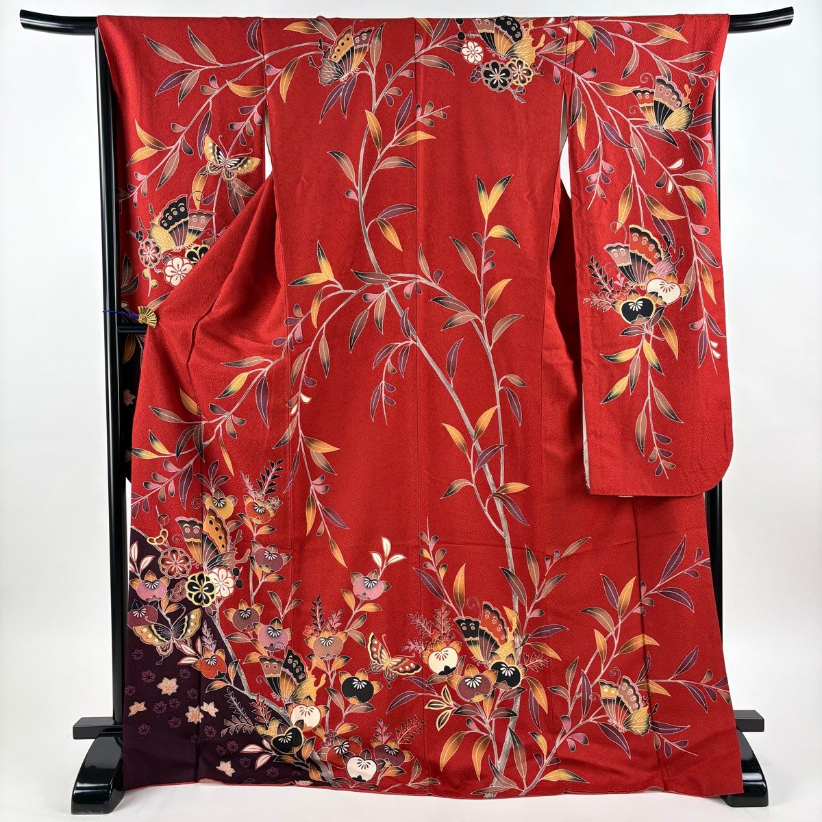 振袖 身丈173.5cm 裄丈68cm L 袷 蝶 橘花 染め分け 金彩 赤 正絹 秀品