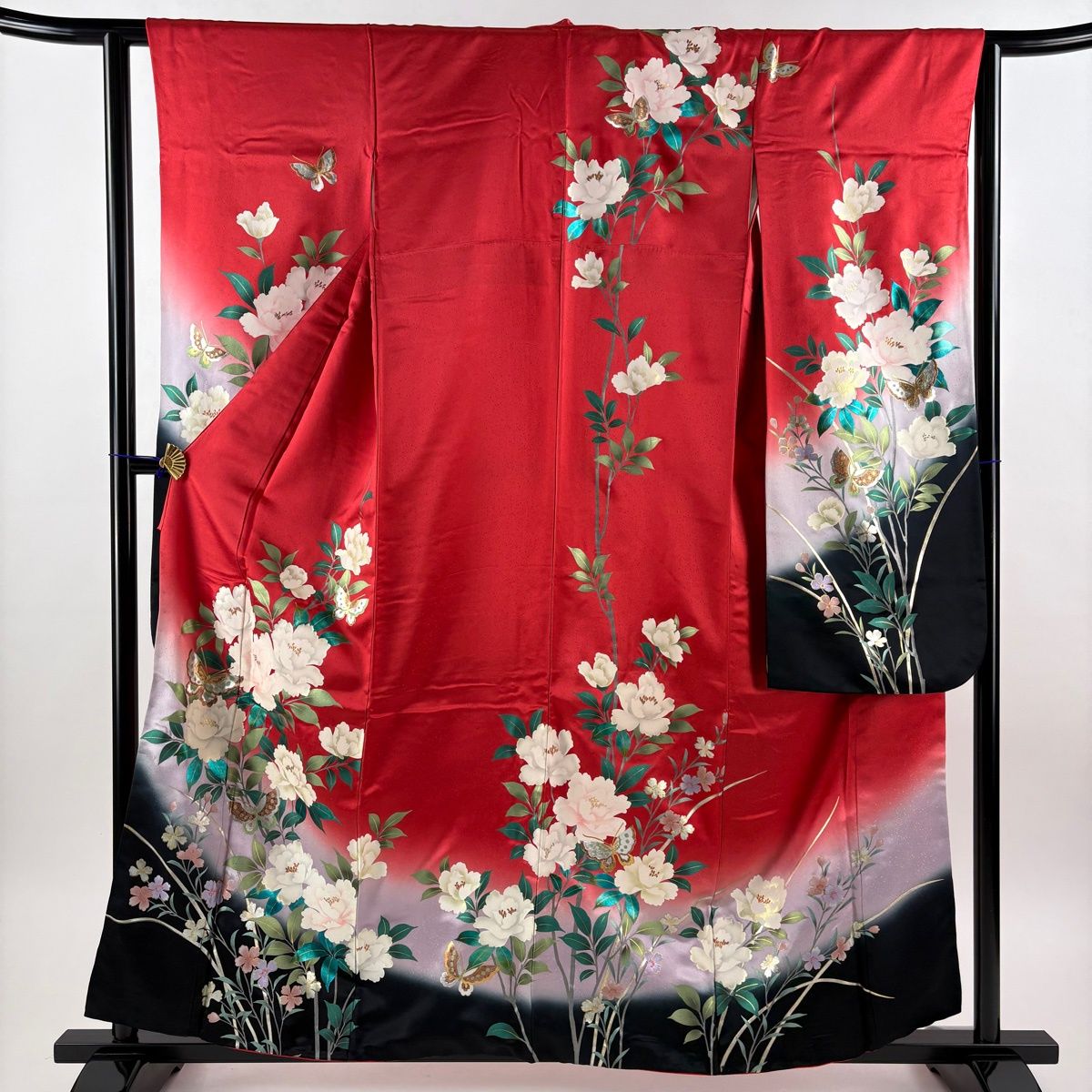 振袖 身丈159cm 裄丈63.5cm S 袷 枝花 蝶 金銀彩 染め分け 赤 正絹 秀