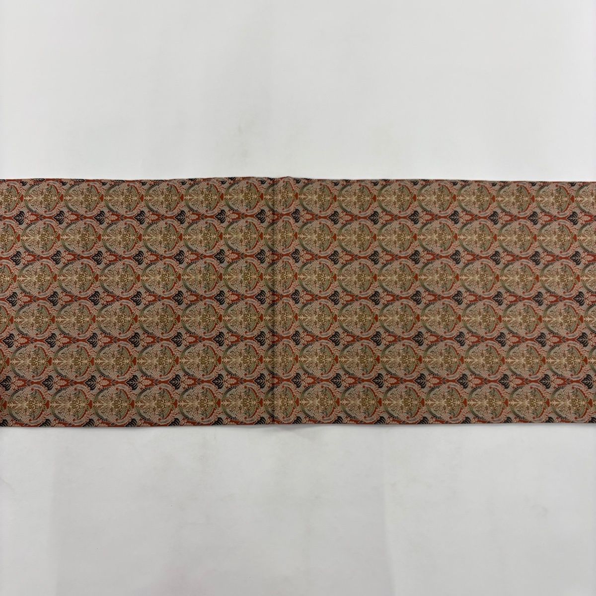 美品】 開き名古屋帯 名品 龍村美術織物 比翼仕立て 壬生寺裂 赤茶