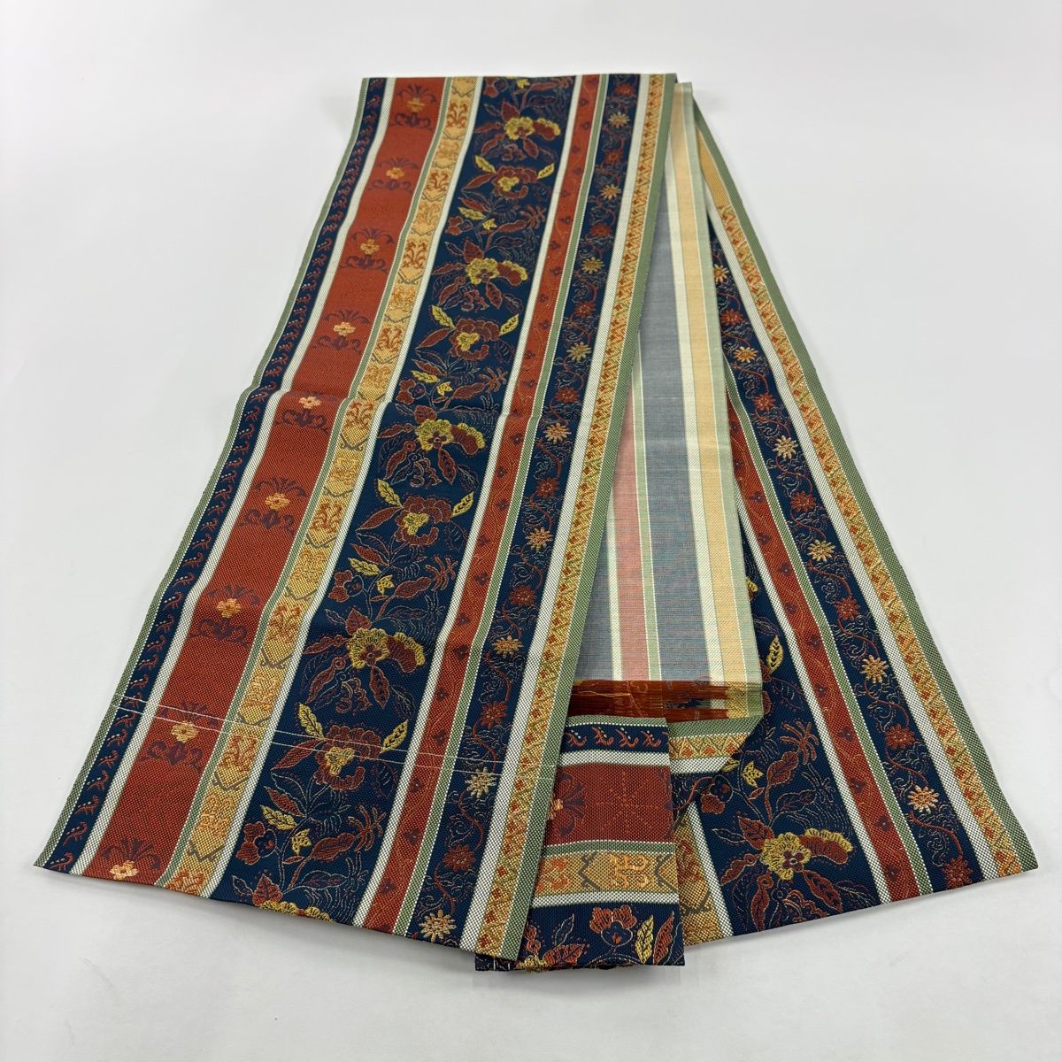 美品】 名古屋帯 優品 八寸名古屋帯 松葉仕立て 草花 縞 灰緑 正絹