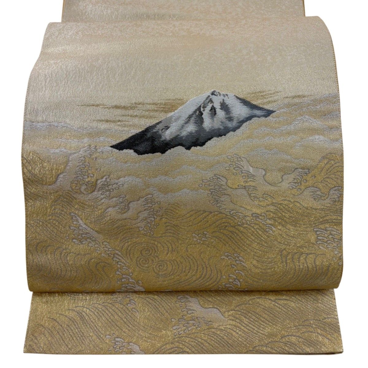 美品】 袋帯 秀品 横山大観 落款 富士山 波 箔 金色 お太鼓柄 正絹