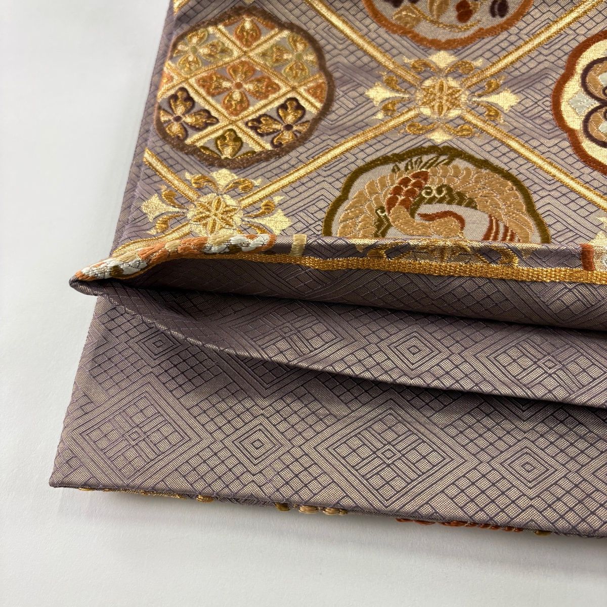美品】 袋帯 秀品 華文 花鳥 唐織 金糸 灰紫 六通 正絹 【中古